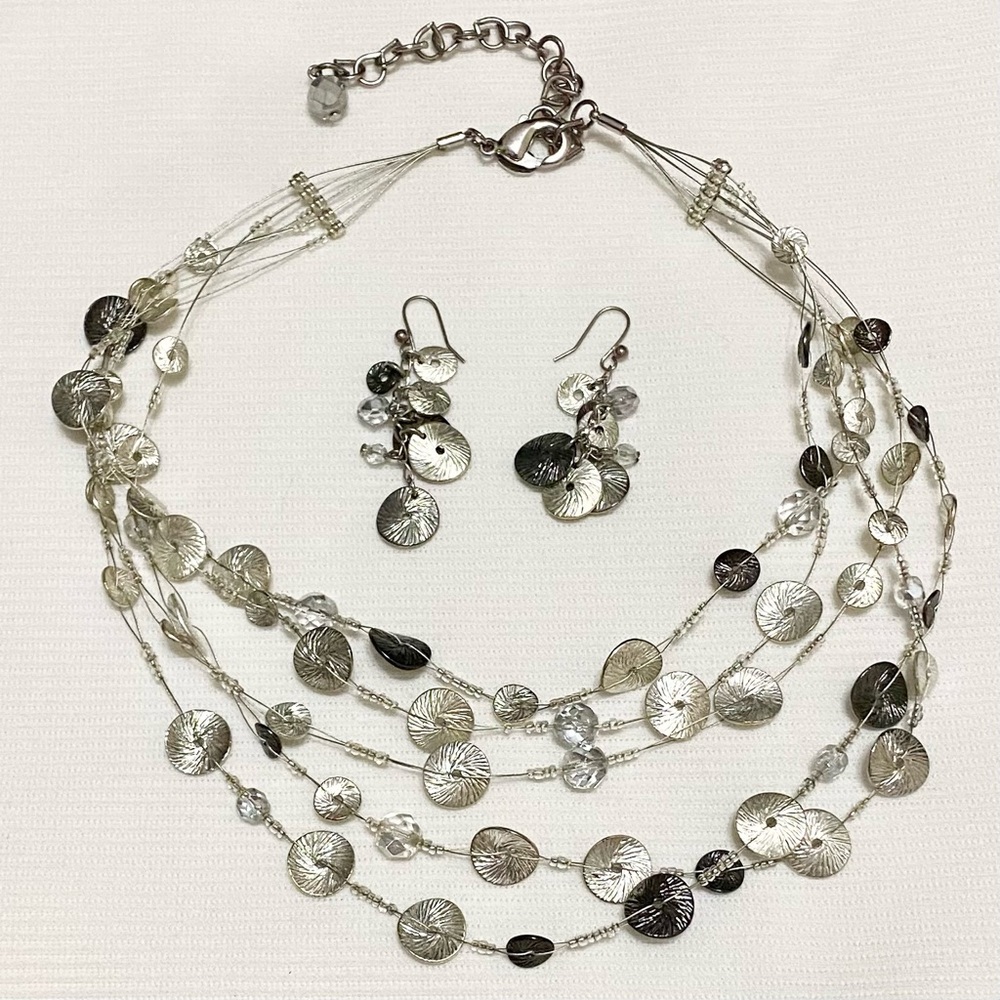 Chico's 5-Strand Silver Tone Coin Medallion Necklace & Hook Earring Set